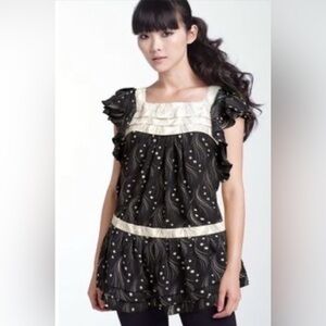Anthropologie Black and White Flutter Sleeve Blouse